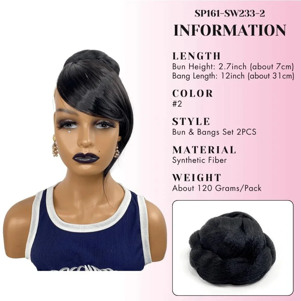 Hair Extension Bun with Bang Set Synthetic Black Large Twist Braided Style